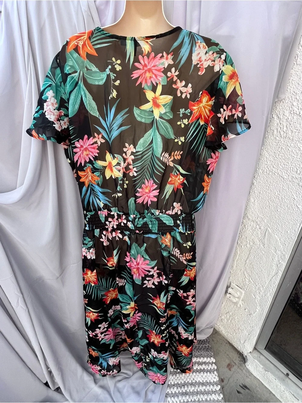 Derek Heart Black Tropical Floral Deep V Swim Cover-Up